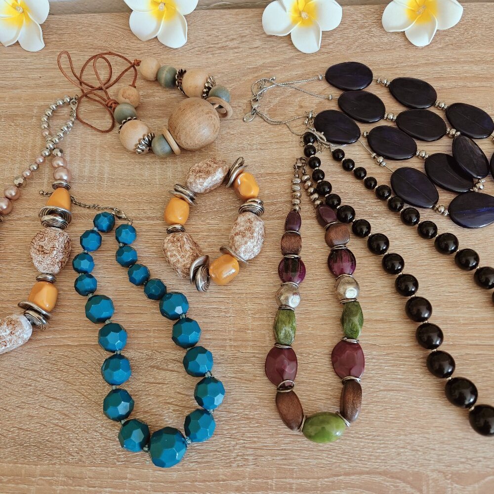 Chunky Bohemian Beaded Necklace & Bracelet Statement Jewelry Lot